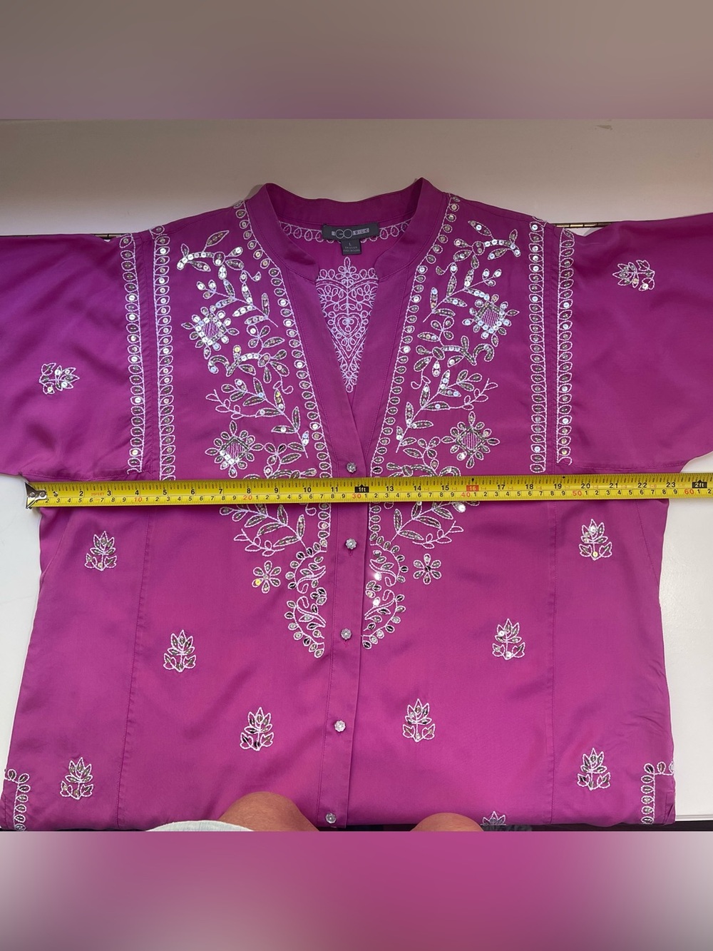 GO Silk 100% Silk Tunic Blouse Mandarin V-Neck Button Down Sequins Embroidered - Picture 13 of 16